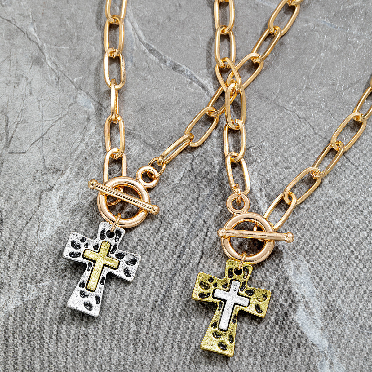 Wholesale  two-tone cross pendant paperclip chain necklace