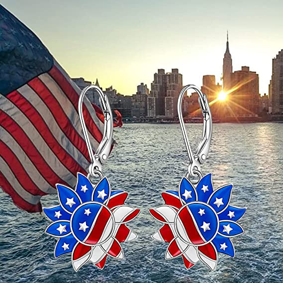 Wholesale  Red White Blue Sunflower Bier Gesture US Independence Day Earrings