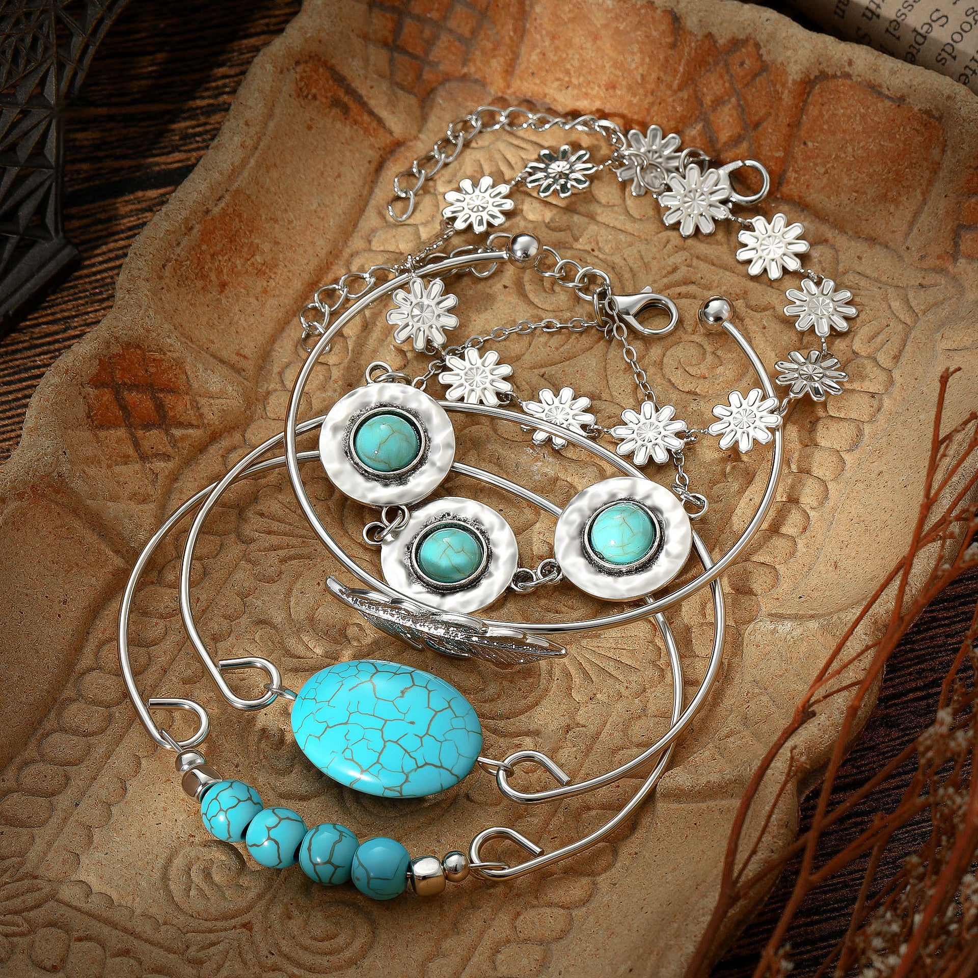 Wholesale Turquoise Feather Flower Bracelet Set - Ethnic Style 5-Piece Jewelry for Gift or Everyday Wear