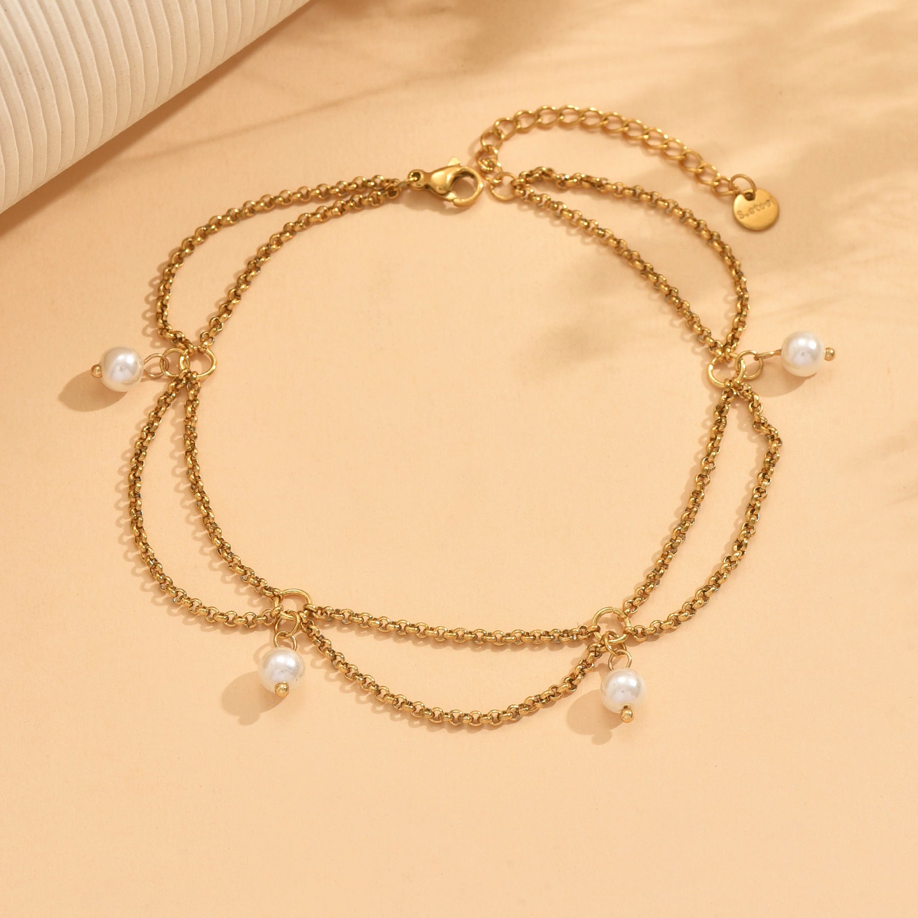 Wholesale Titanium Steel 18K gold shell bead tassel pendant anklet