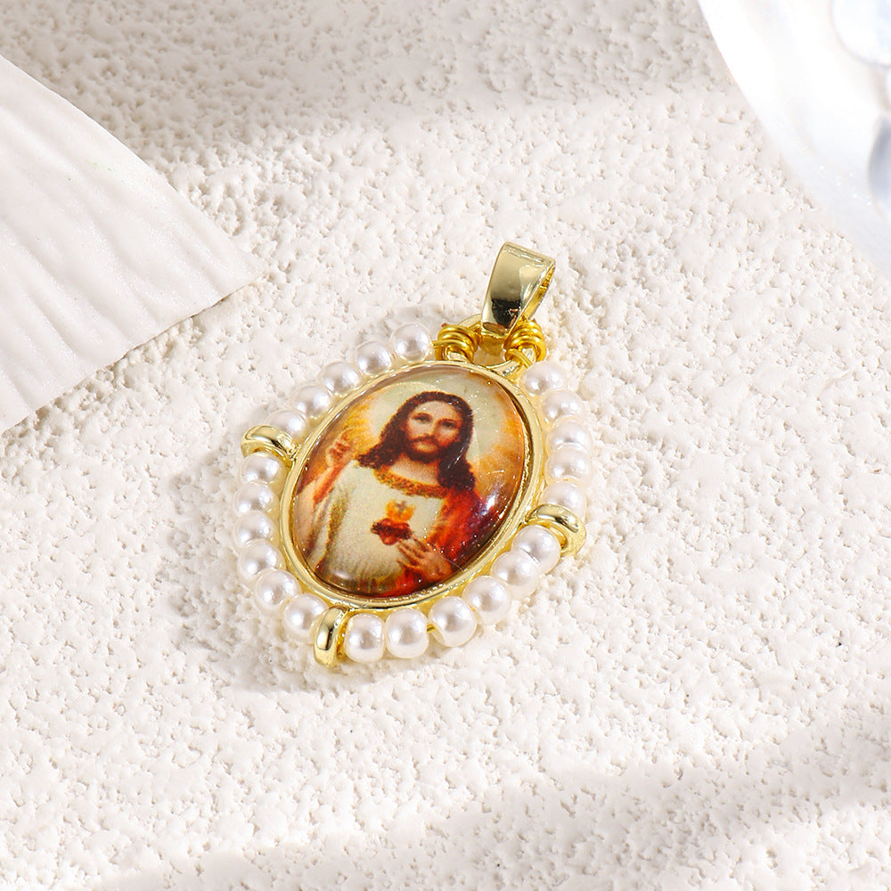Wholesale Oval portrait of the Virgin Mary vintage copper plated 18k braided pendant