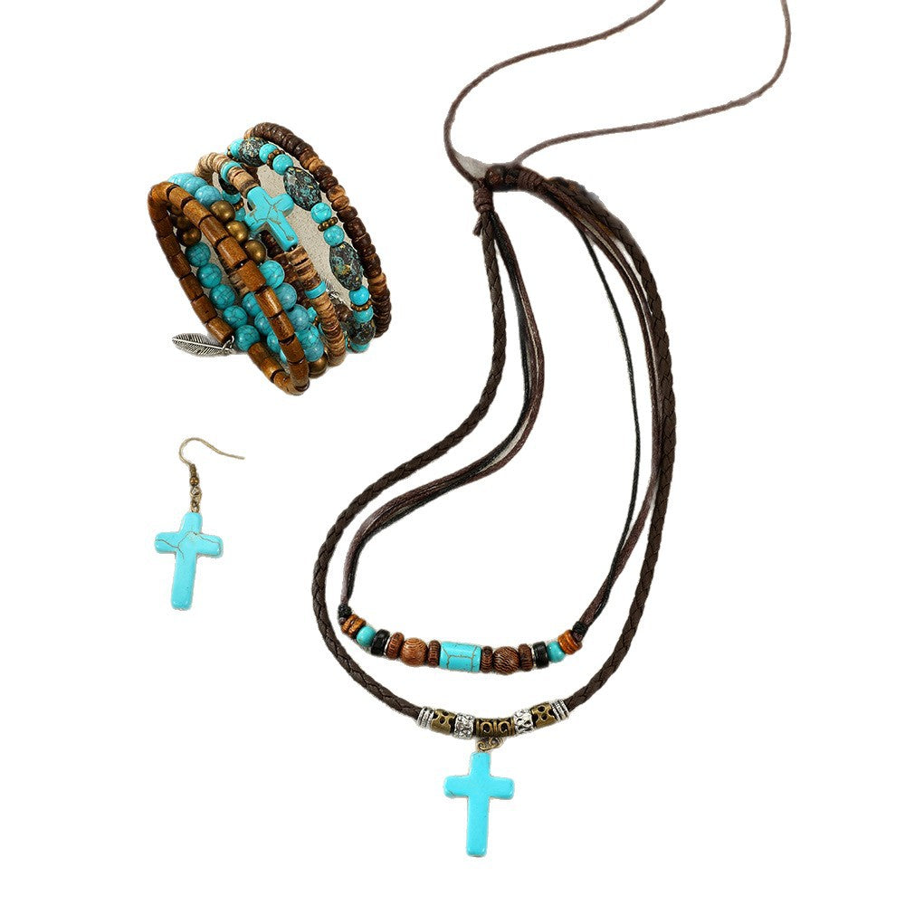Wholesale Handmade Vintage Stacked Turquoise Cross Necklace and Bracelet Set