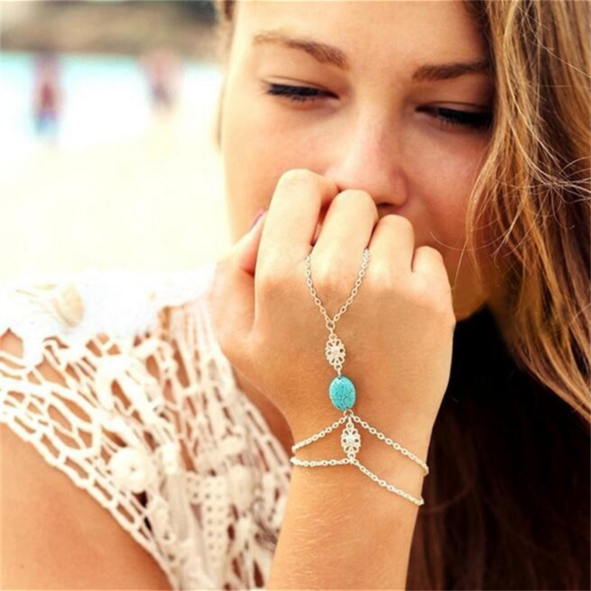Wholesale Retro Geometric Turquoise Hollow Carved Hand Chain For Women Fashion Jewelry Accessory Boutique Resale