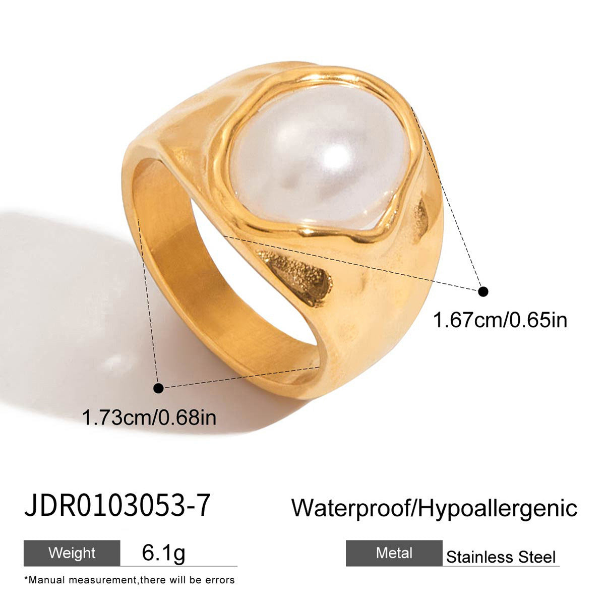 Wholesale 18K Gold Stainless Steel Pearl Hammered Ring