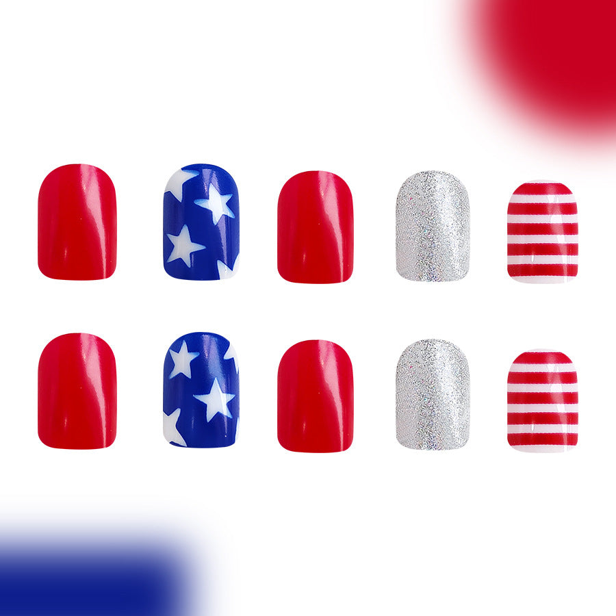 Wholesale 24 Pieces/box American Independence Day Glitter Powder Five-pointed Star Manicure Press-on Nails Kits Nail Stickers ACC-NS-GuaiXL033