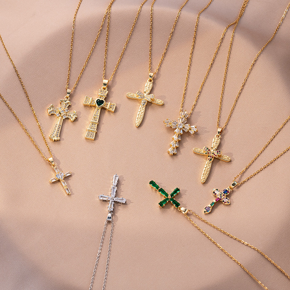 Wholesale Korean Style Colorful Zircon Cross Pendant Necklace Full Drill Gold Plated Copper Jewelry Accessory For Boutique Resale