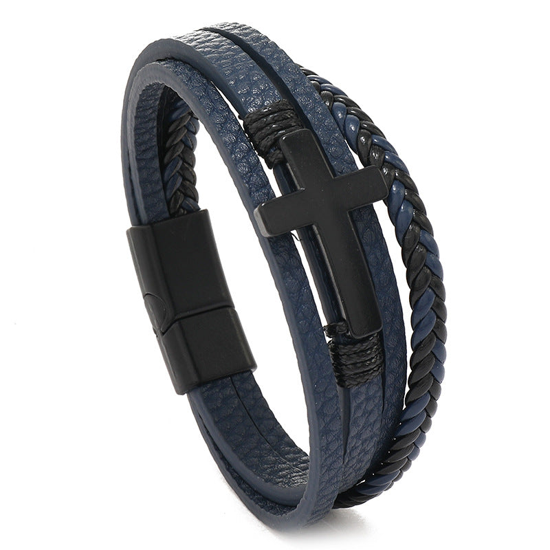 Wholesale  Men's Black Cross Multi-layer Simple Woven Leather Bracelet
