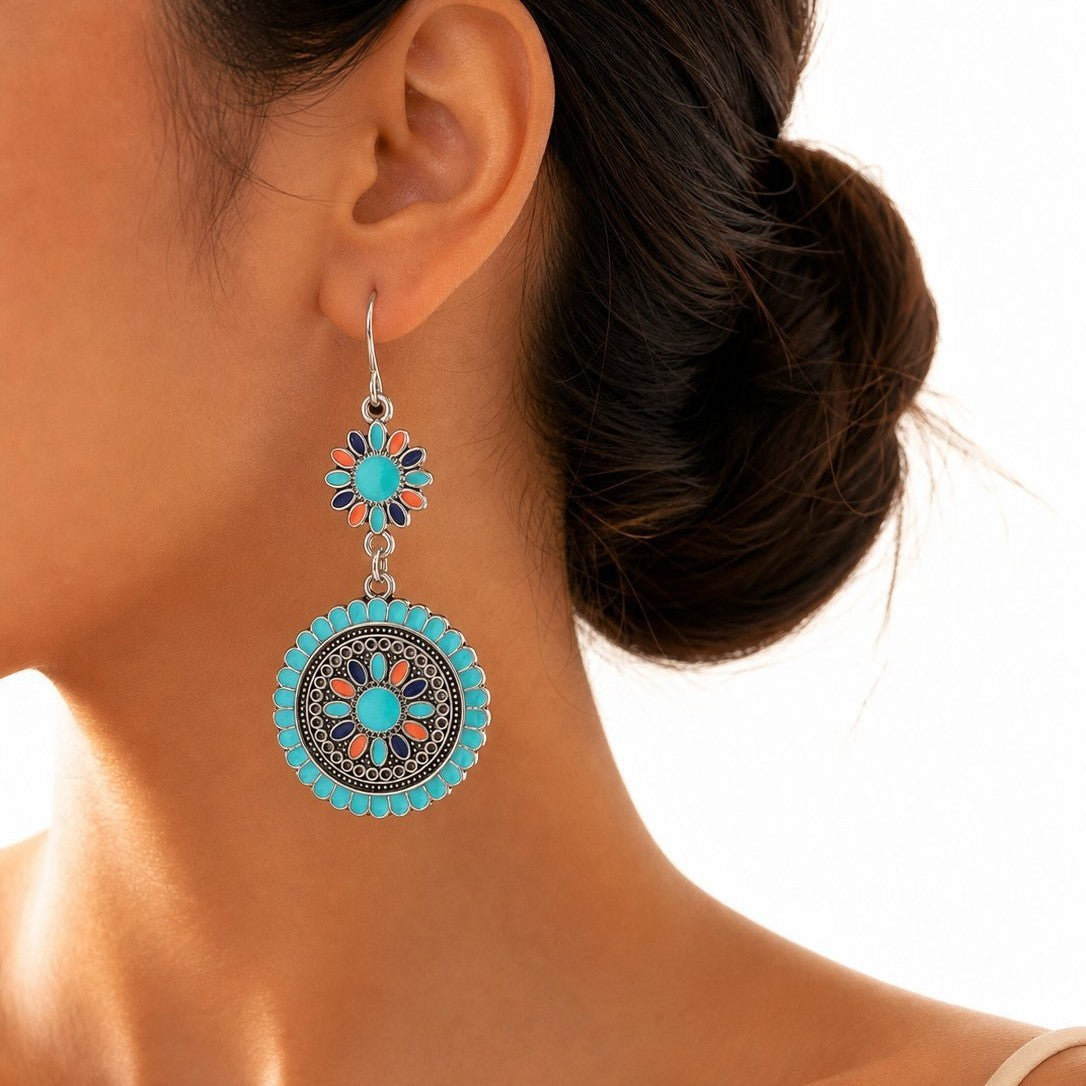 Wholesale Bohemian Geometric Round Oil Drop Earrings Bronze Red Alloy Flower Design Boutique Resale Jewelry Accessory