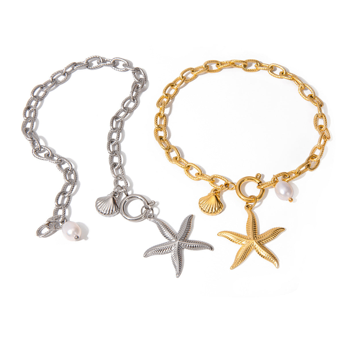 Wholesale 18k gold stainless steel starfish shell natural freshwater pearl bracelet