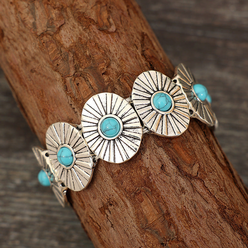 Wholesale Retro Turquoise Western Style Stretch Bracelet Silver Tone Alloy Jewelry Boutique Resale Gift