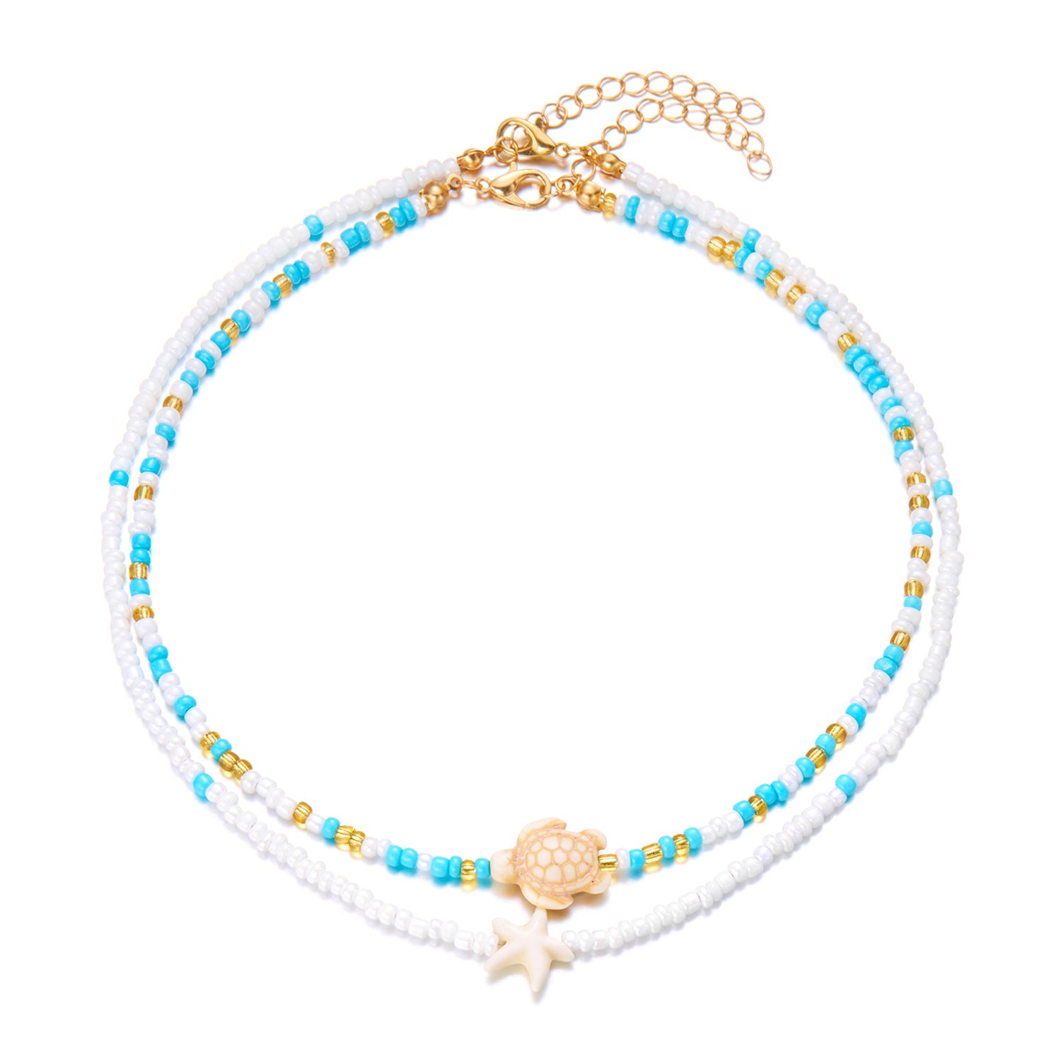 Wholesale  double-layer starfish turtle rice beads short necklace