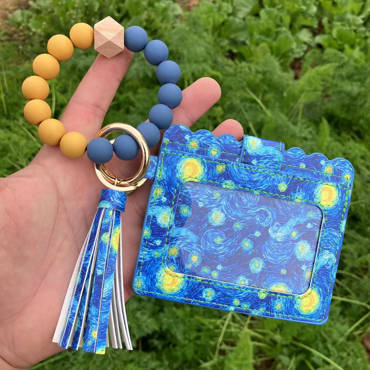 Wholesale Leopard Plaid Western Style Card Holder Silicone Beaded Wristlet Keychain ACC-KC-QiuXue011