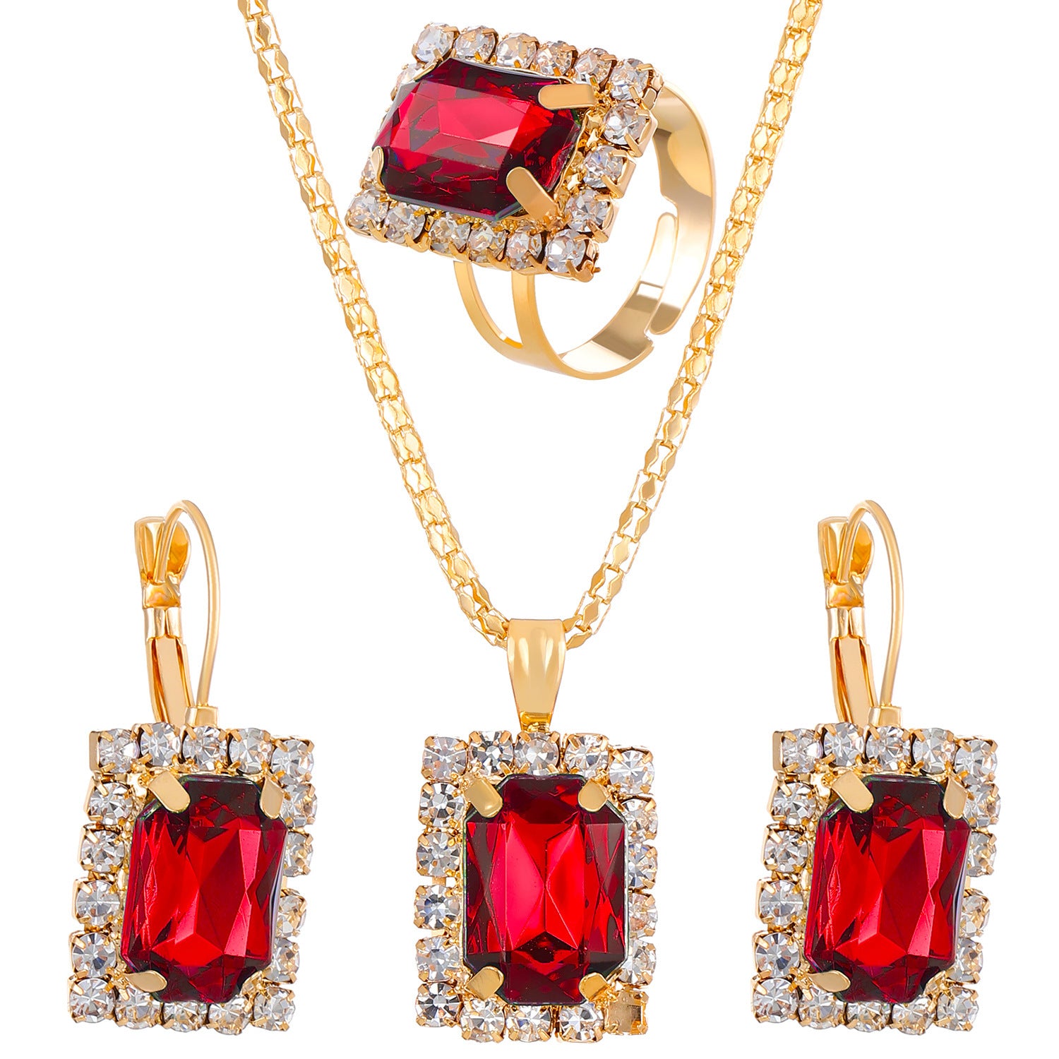 Wholesale Colorful rhinestone necklace earrings and ring set