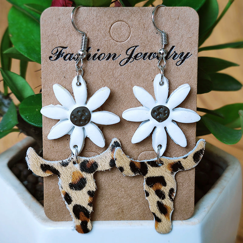 Wholesale 3PCS set of leather sunflower horsehair and cowhide pattern polymer clay earrings