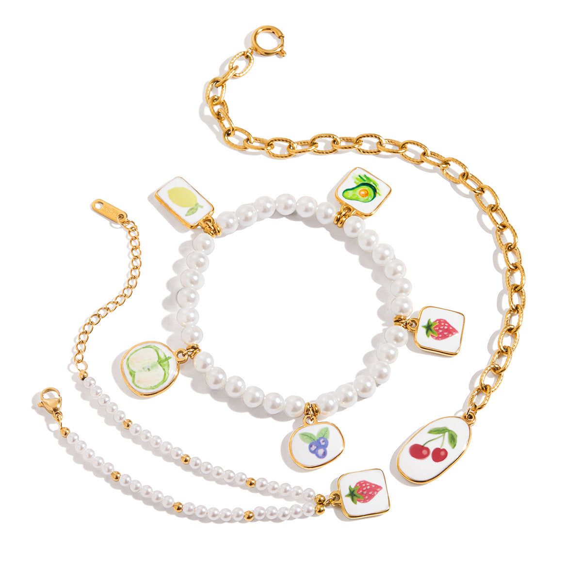 Wholesale 18K Gold Stainless Steel Oil Drop Cross Chain Spring Buckle Printed Cherry Bracelet