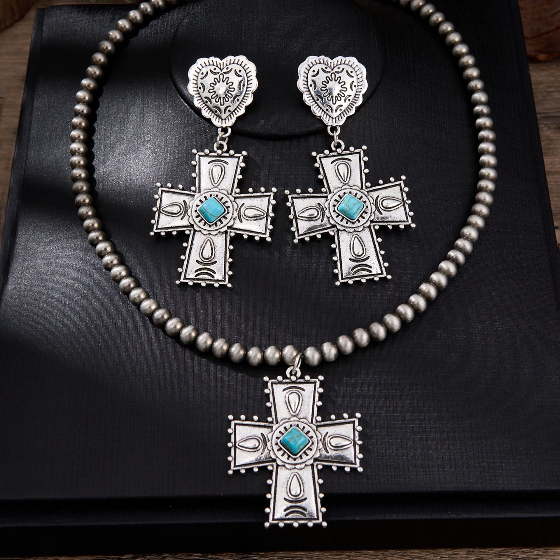 Wholesale Zinc Alloy Heart-Shaped Cross Jewelry Set Vintage Western Style Trendy Party Accessory