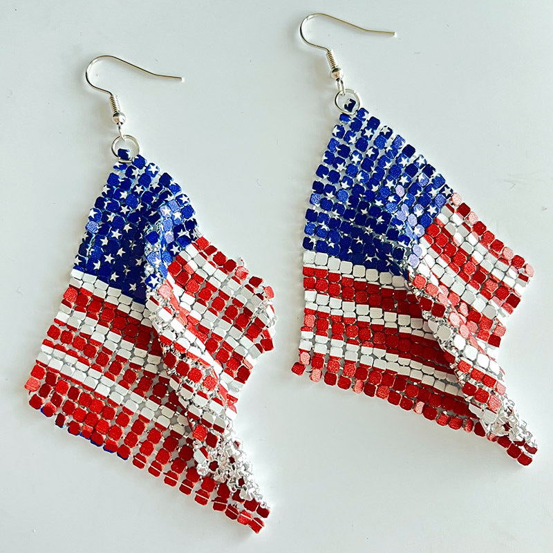 Wholesale 2 Pairs/pack American Independence Day Feather Shiny Leather Metal Mesh Leather Earrings ACC-ES-HY035