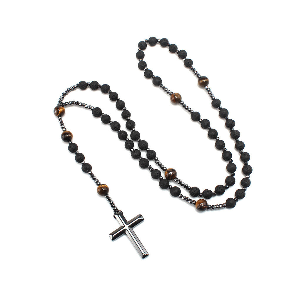 Wholesale Religious Gallstone Cross Pendant Natural Black Glitter Obsidian Lapis Necklace