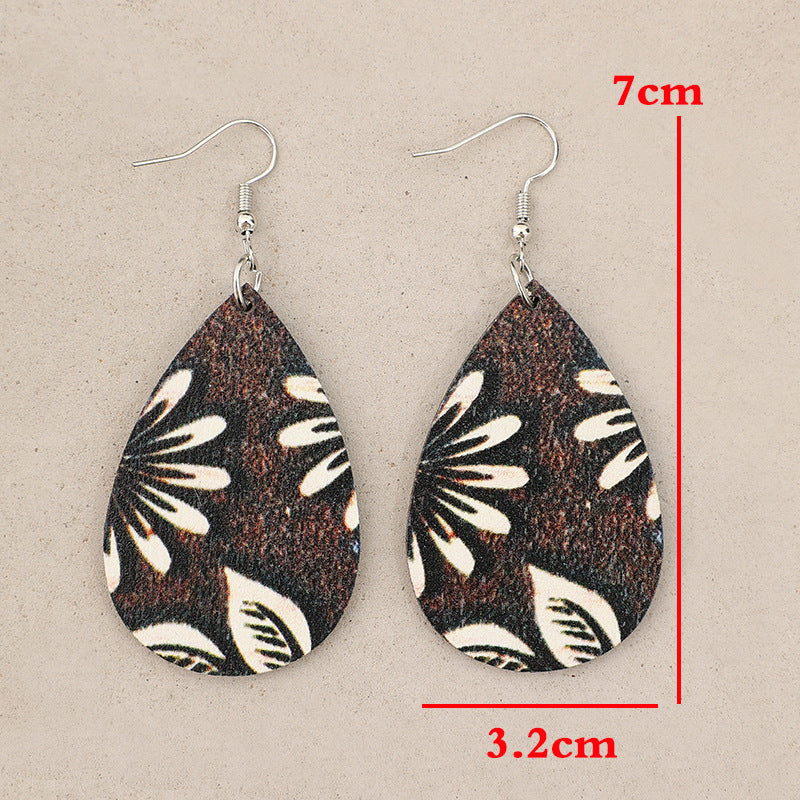 Wholesale Retro Water Drop Printed  Pendant Wooden Ladies Simple Earrings Earrings