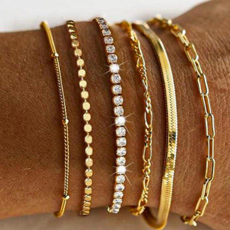 Wholesale Cross-Border New Style Zircon-Inlaid Snake Chain Bracelet Set,  Six-Piece Set,  Fashionable and Versatile,  High-End Trendy Jewelry