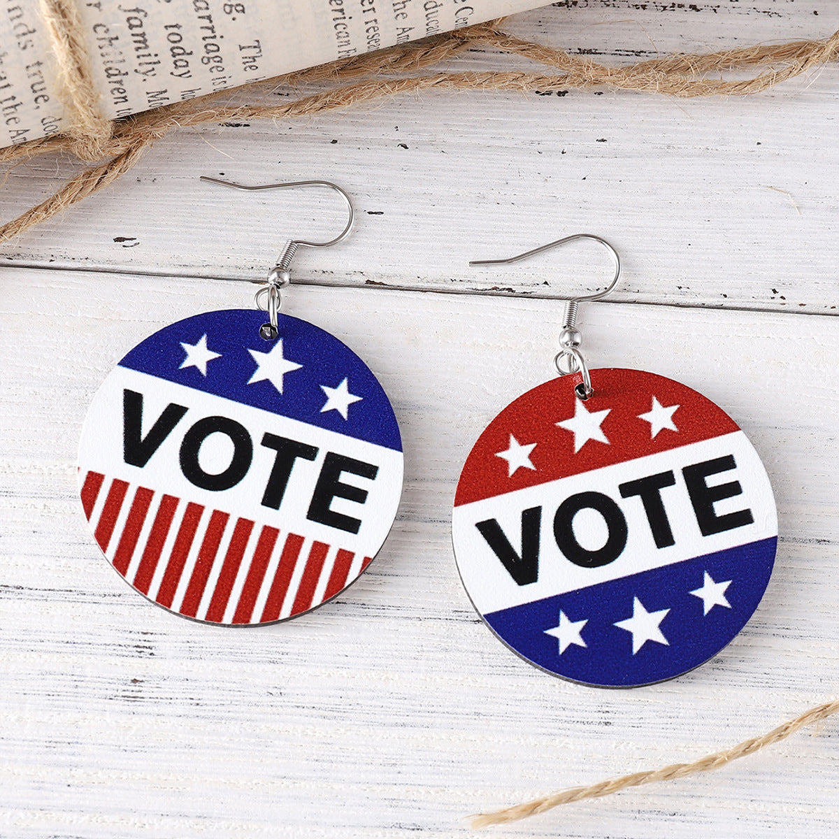 Wholesale Striped Star VOTE Round Wood Double-sided Earrings ACC-ES-ChuLian079