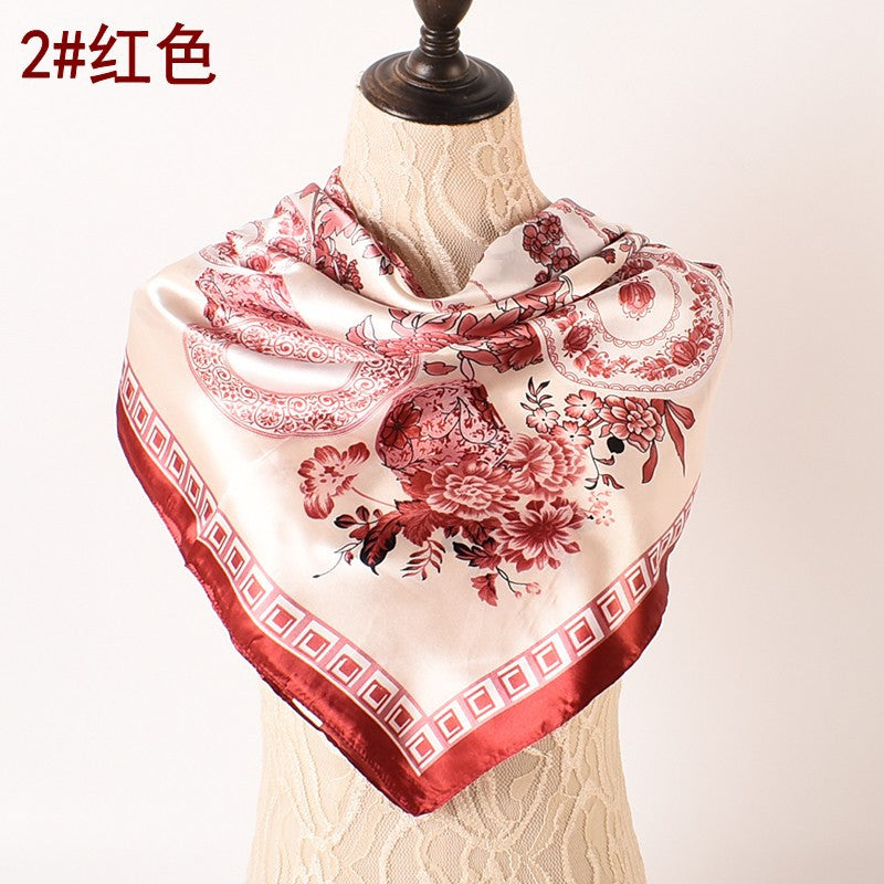 Wholesale  Blue and White Porcelain Pattern 90* 90 Satin Large Square Scarf