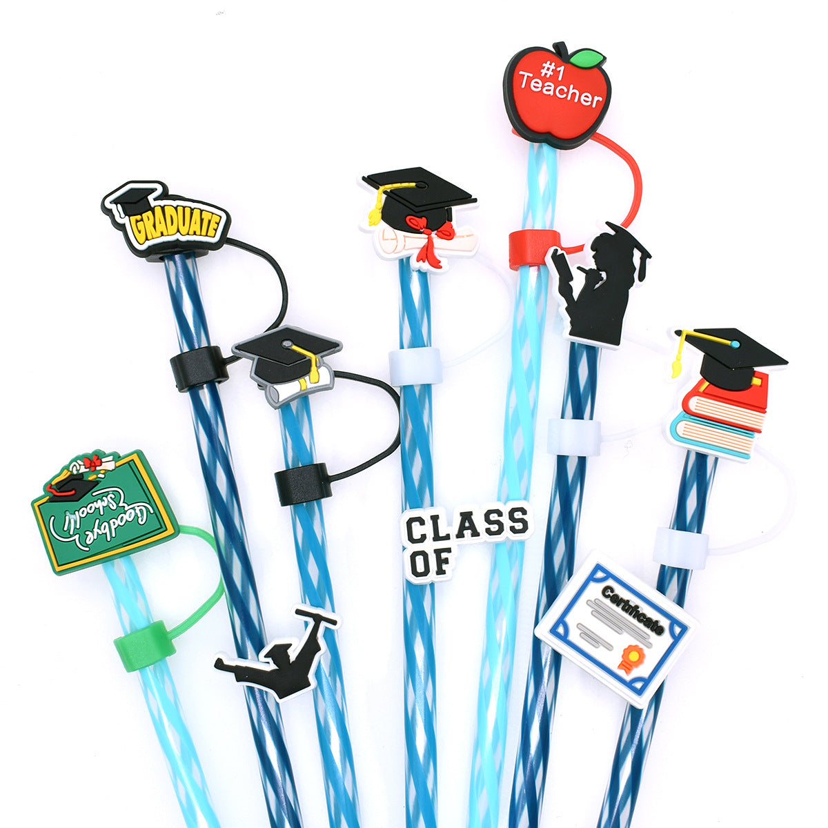 Wholesale Random 100pcs Graduation Season Straw Tube Cap 10mm Soft Plastic Straw Decoration Straw Cover ACC-SCR-RYY038