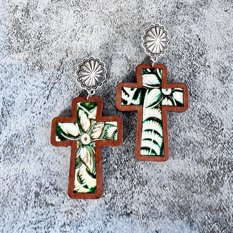 Wholesale Wooden and leather cross leopard print earrings