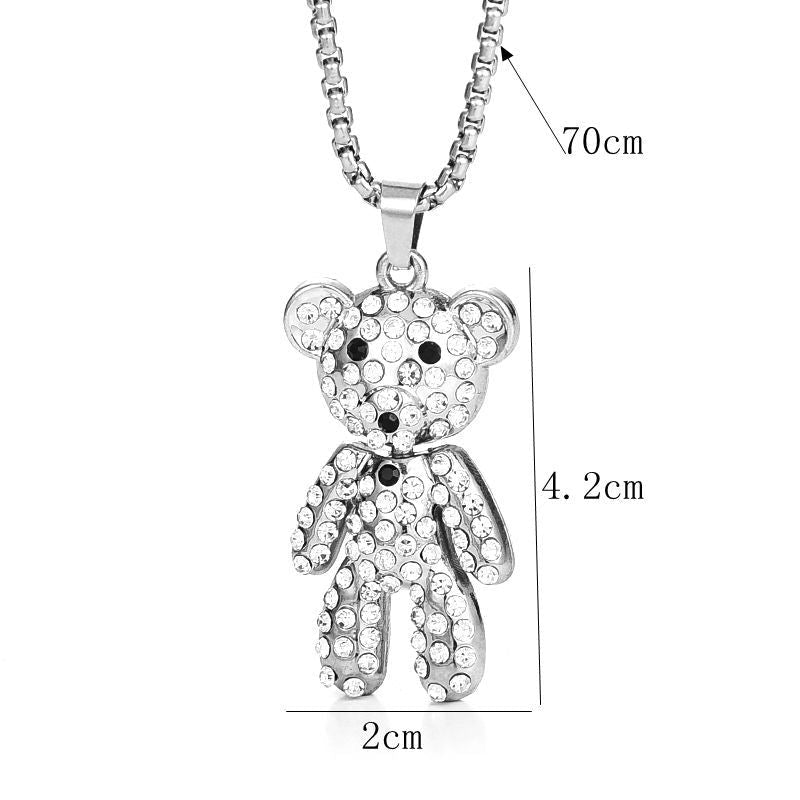 Wholesale titanium steel cute diamond Bear hip hop long sweater chain necklaces