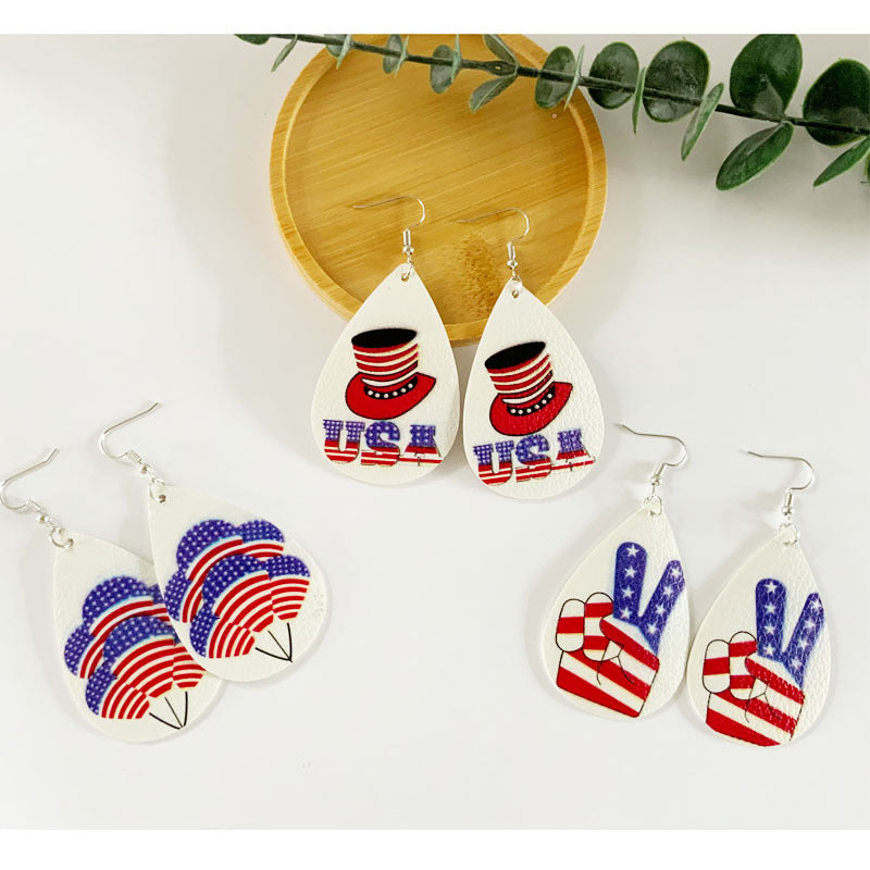 Wholesale American Independence Day Teardrop Shaped PU Leather Earrings ACC-ES-YiYuan005