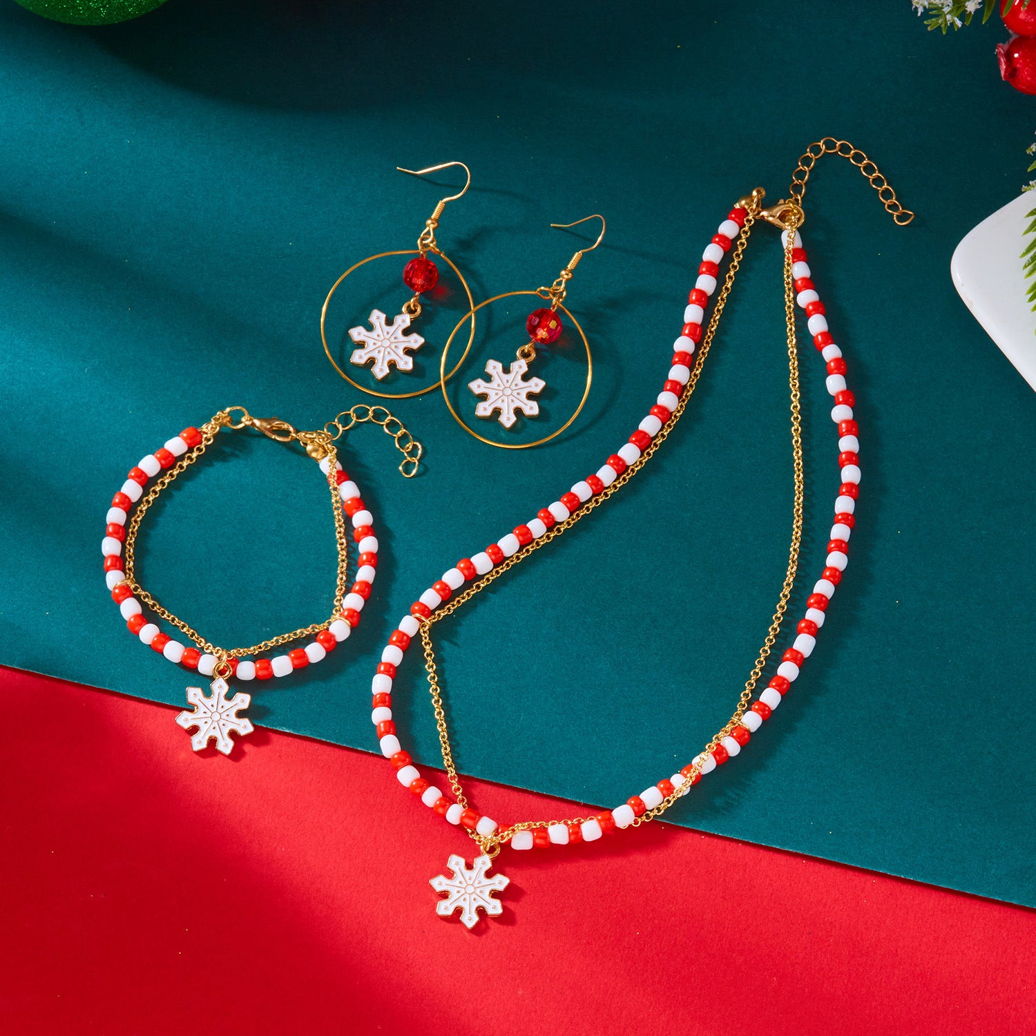 Wholesale Christmas Snowflake Elk Retro Colorblock Necklace Bracelet Set