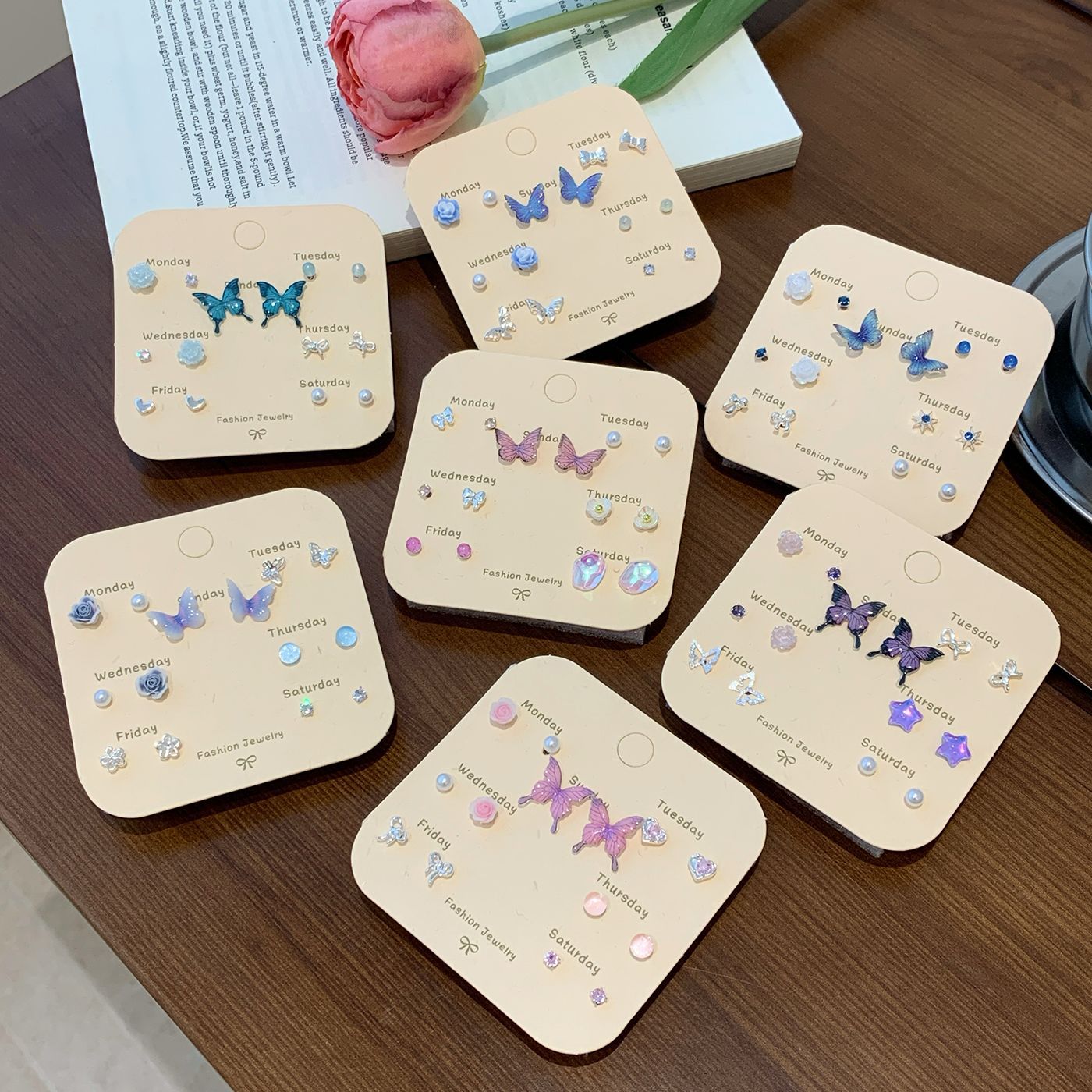 Wholesale Autumn Colorful Butterfly Flower Pearl Earring Set Silver Needle Small Sweet Earrings