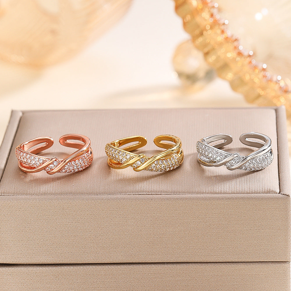 Wholesale Gold Copper Zircon Women S Double Layer Winding Ring Trendy Line Design Jewelry Accessory