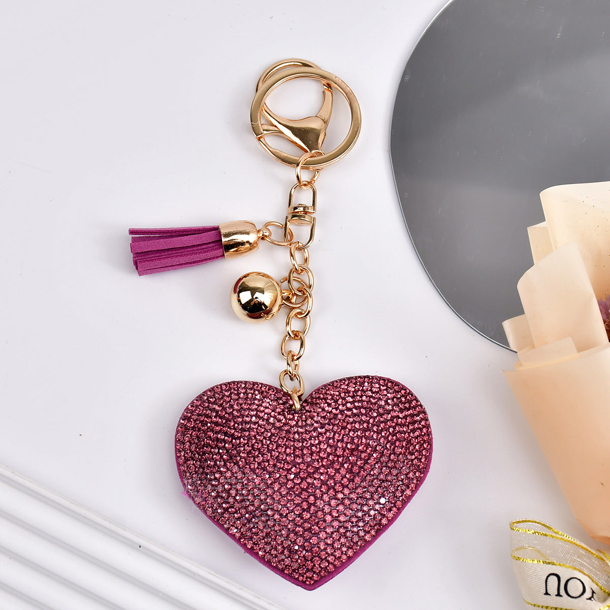 Wholesale  Peach Heart Rhinestone Leather Keychain
