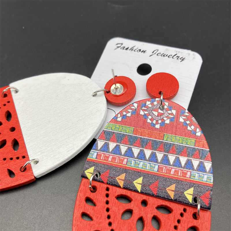 Wholesale Boho Style Cutout Printed Oval Wooden Earrings ACC-ES-FX005