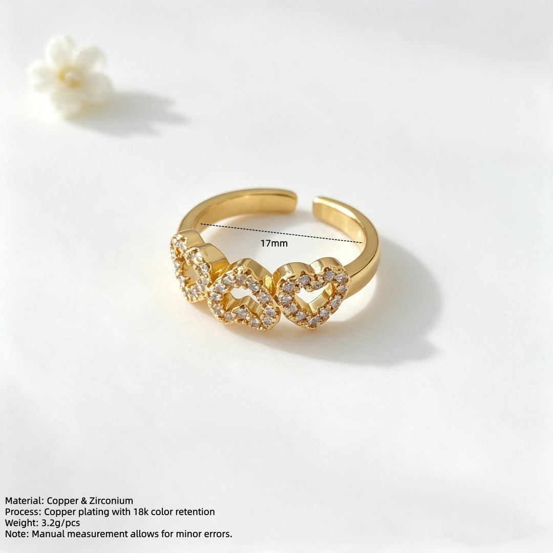 Wholesale Heart Cutout Open Ring 18K Gold Plated Zircon Adjustable Ring Fashion Accessory Gift