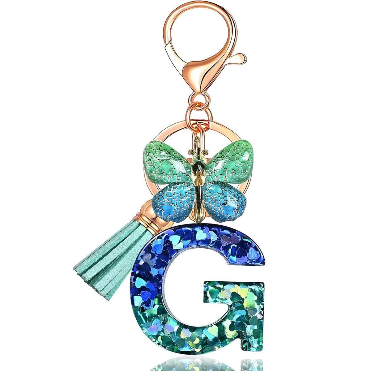 Wholesale Resin Alphabet Keychain With Butterfly Tassel Blue Gradient Vacation Style Fashion Accessory For Bags And Keys