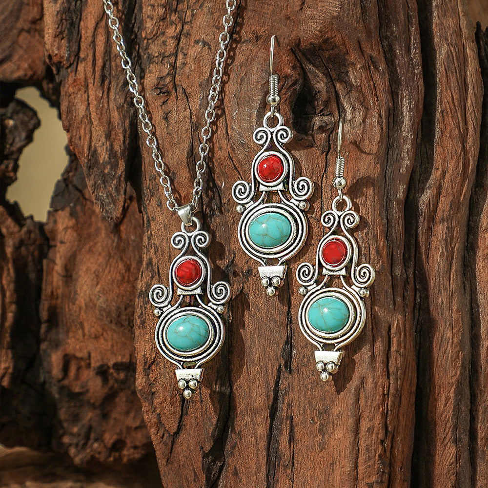 Wholesale Bohemian Vintage Earrings and Necklace Set Turquoise Drop Pendant Jewelry Accessory
