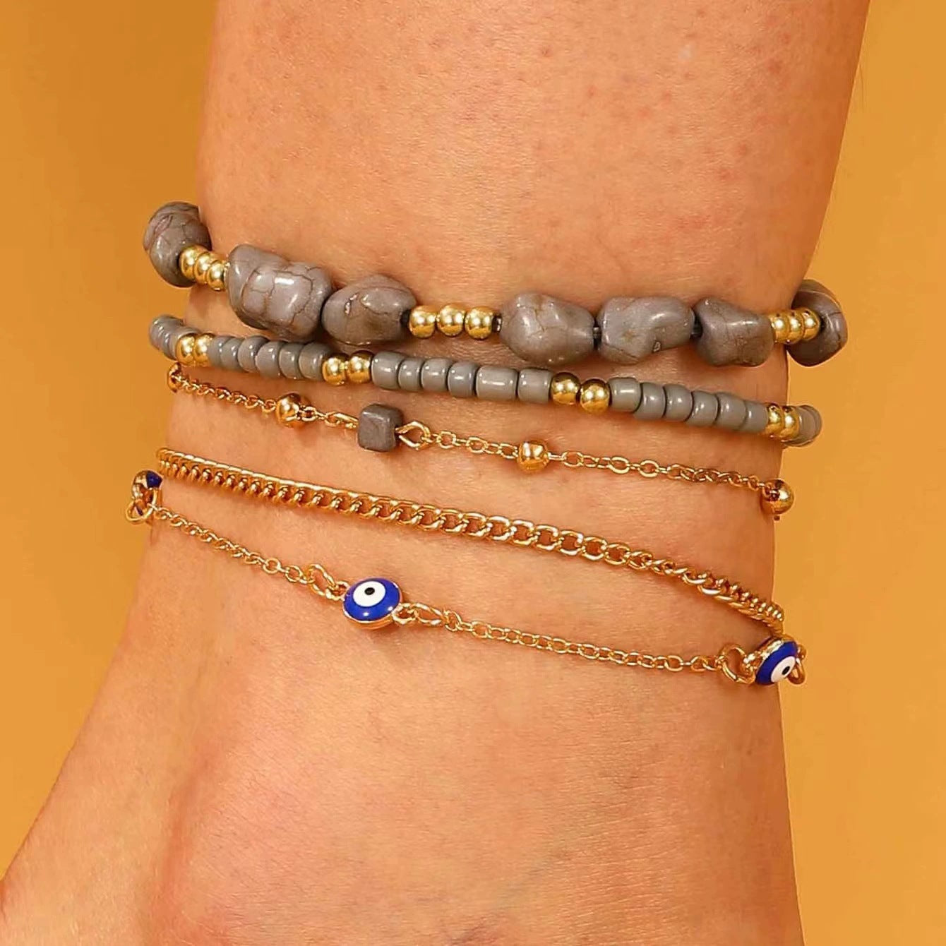 Wholesale Bohemian Vacation Style Color Random Soft Pottery Turtle Fish Tail Pendant Rice Bead Elastic Multi-Layer Foot Chain  Anklets