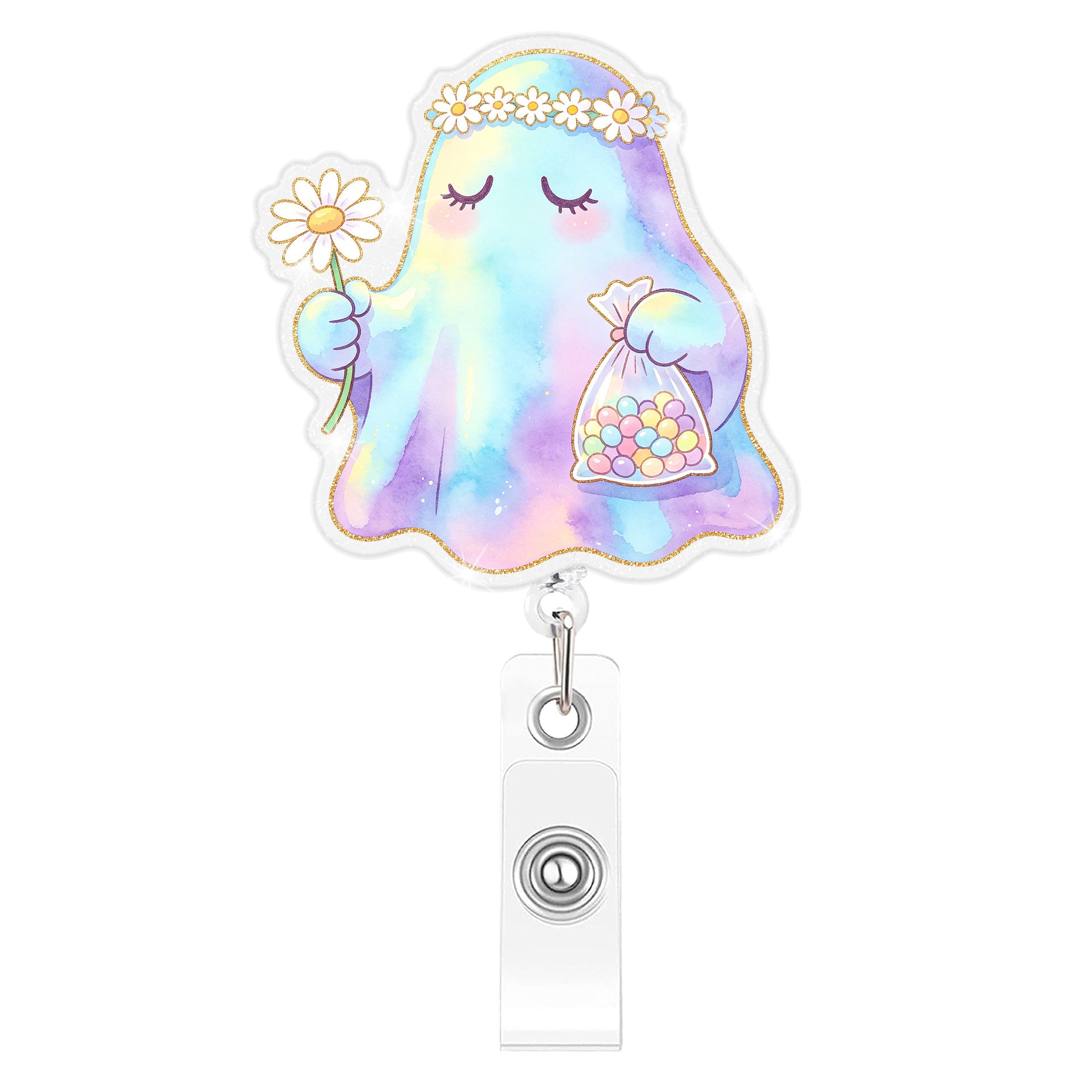Wholesale Trendy Glitter Boo Ghost Retractable Badge Reel Plastic Car Key Accessory With Gradient Finish Decorative Party Gift