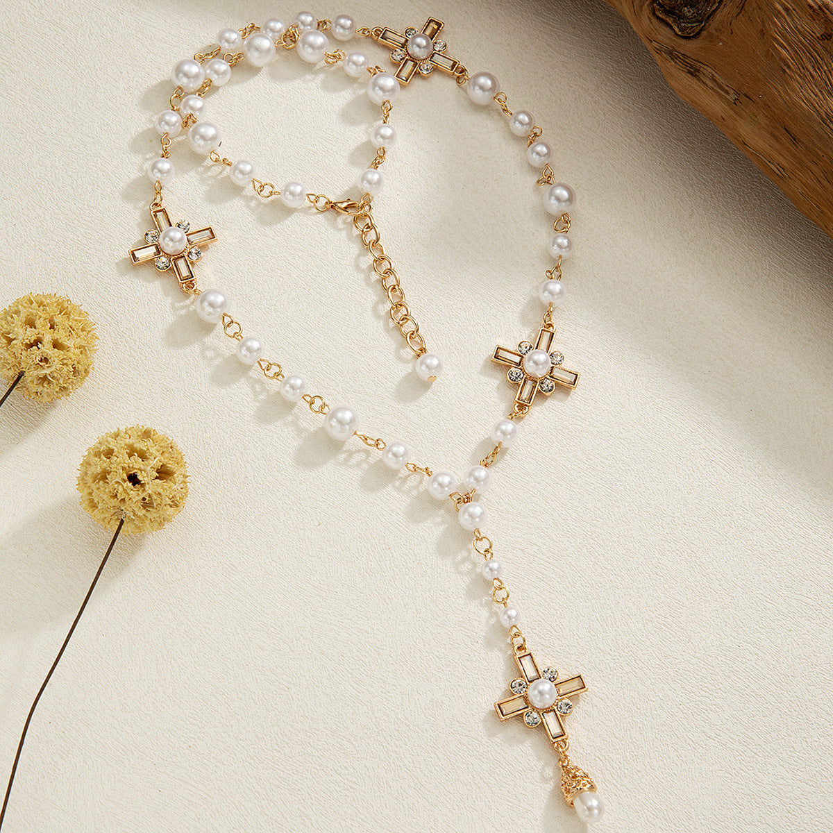Wholesale  Pearl Alloy Flower Rhinestone Long Pendant  Necklace