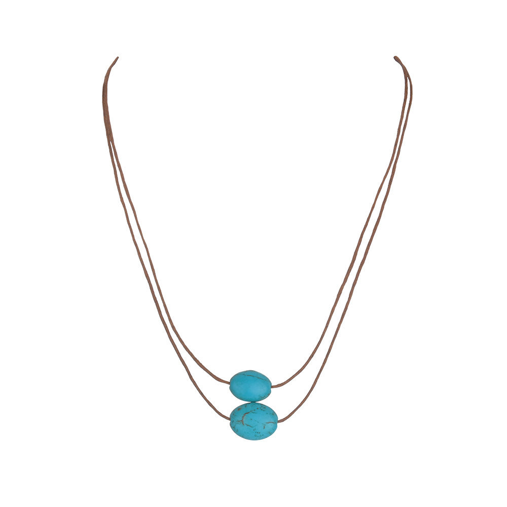 Wholesale Retro Personality Versatile Turquoise Beaded Double-Layer Women's Necklace