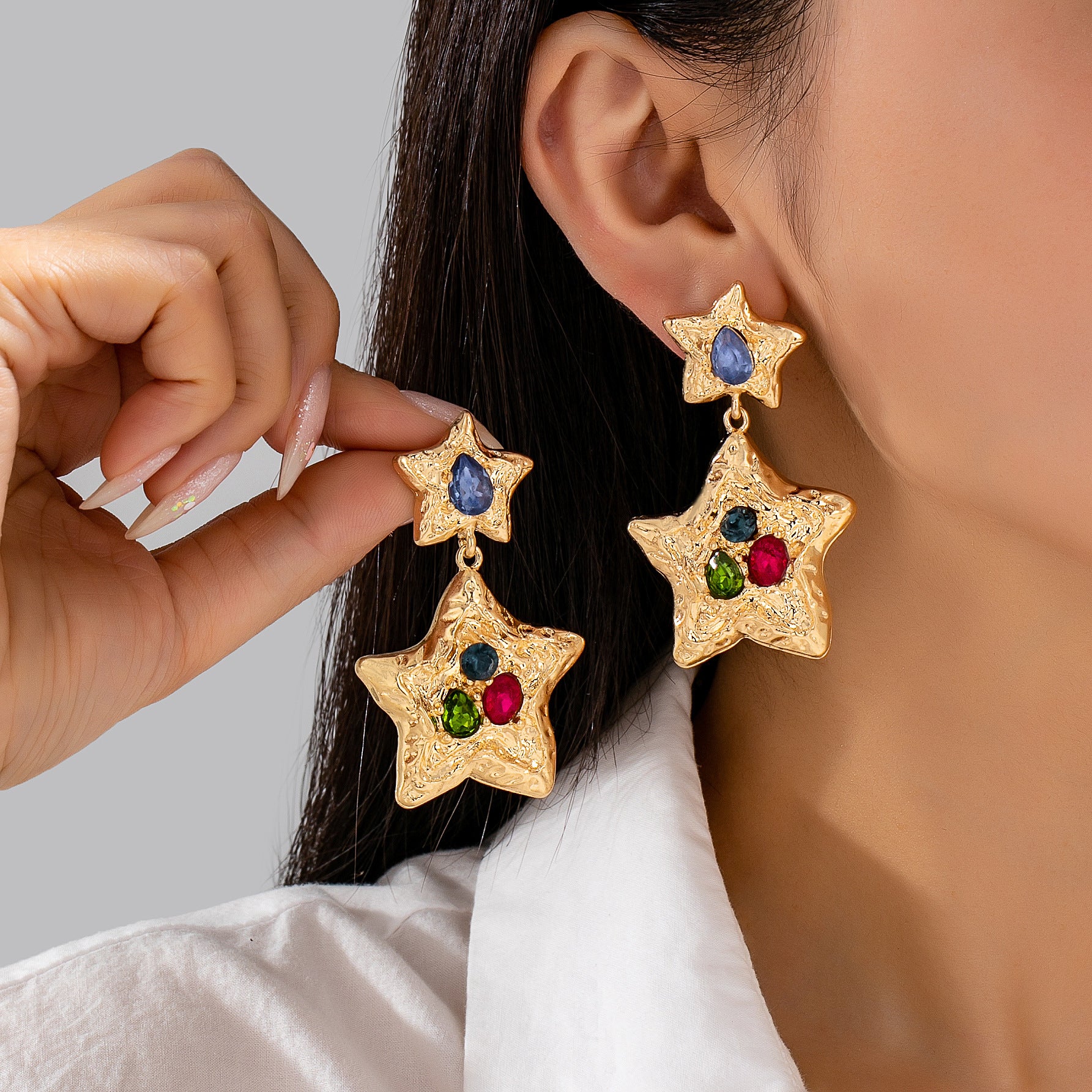 Wholesale Retro Star Earrings Antique Gold Tone With Colorful Gems For Party Fashion Accessory