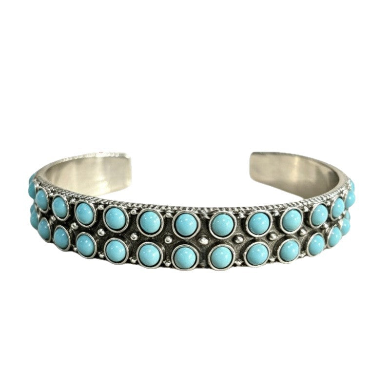 Wholesale Vintage Distressed Double Row Turquoise Open Cuff Bracelet,  Silver Alloy Bohemian Jewelry,  Trendy Gift for Resale