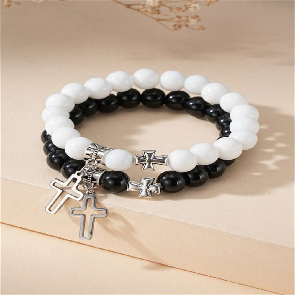 Wholesale Hollow Cross Stainless Steel Beaded Bracelet Couple Friendship Gift Boutique Jewelry Accessory
