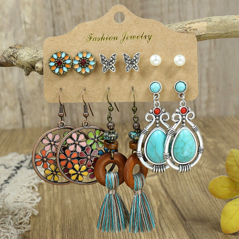 Wholesale Vintage Turquoise Lantern Flower Earrings 6-Piece Set,  Alloy Electroplated Jewelry for Everyday Wear Gift