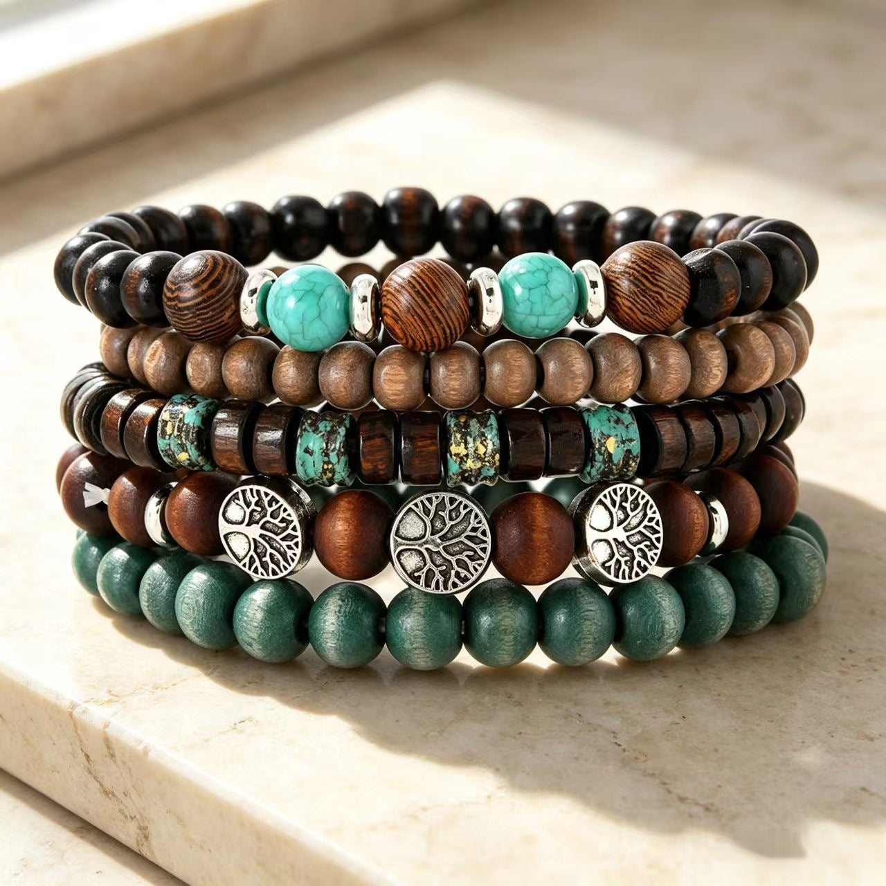 Wholesale 5 Piece Men S Tree Of Life Wood Bead Bracelet Set Elastic Fashion Jewelry Accessory For Boutique Resale Gift