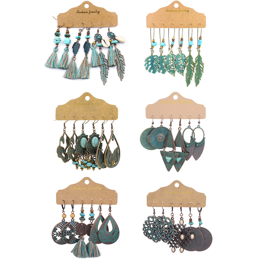 Wholesale Bohemian Style Turquoise Tassel Earrings Set 3 Pairs Fashion Jewelry Accessory