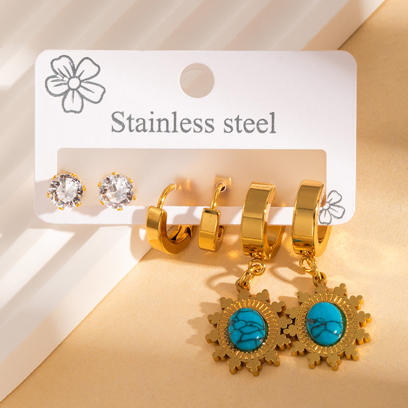 Wholesale Vintage Stainless Steel Earrings with Turquoise Rhinestones Fashion Accessory