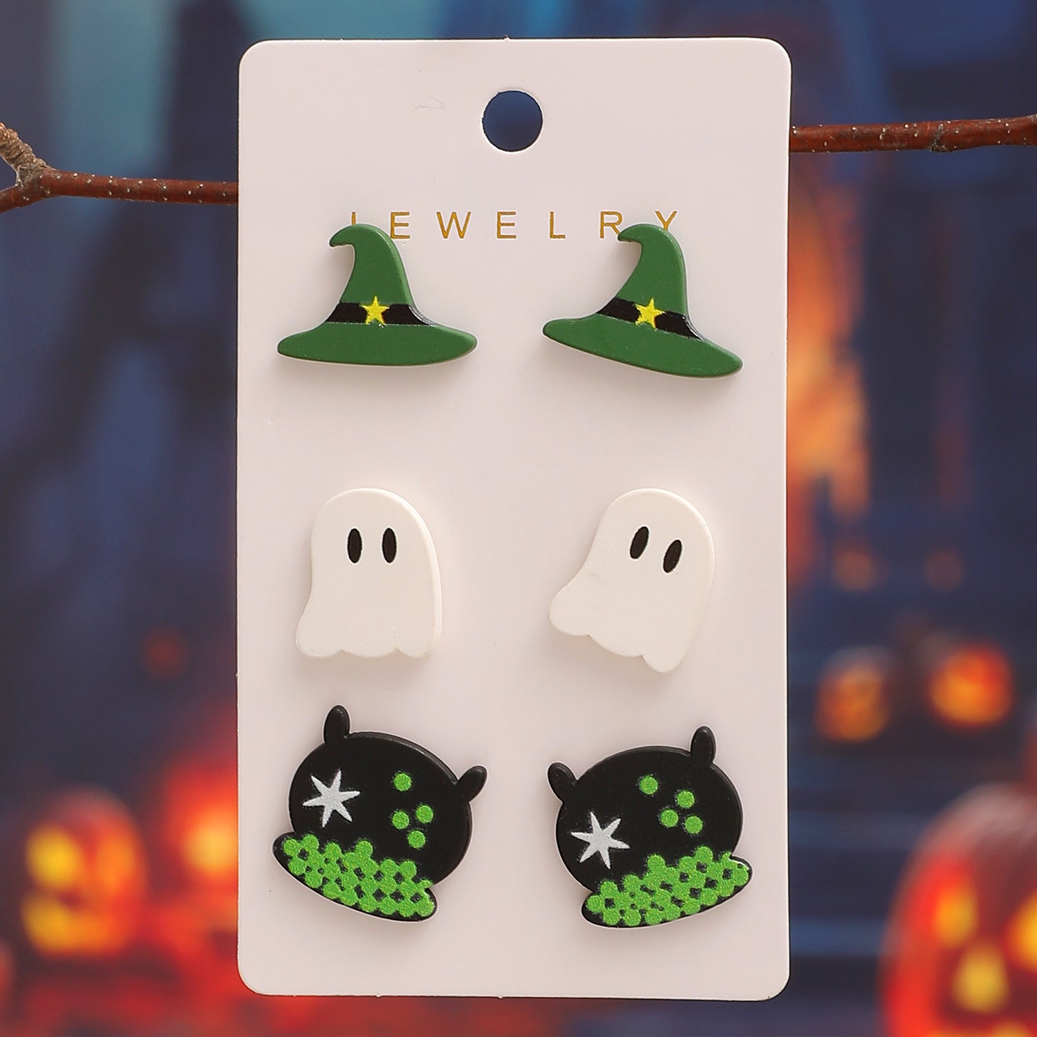 Wholesale Acrylic  Earrings - 3 Pair Set of Witch Hat and Ghost Stud Earrings for Party Wear Boutique Resale